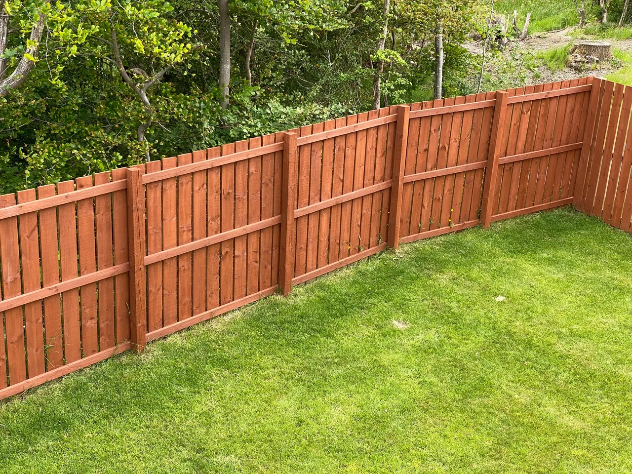 Stained wood privacy fence along a green backyard
